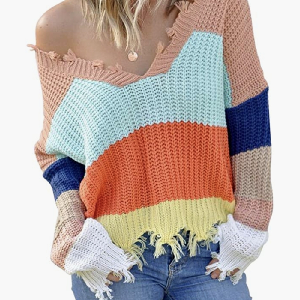 NWT Main Strip Distressed Striped Sweater Size Large